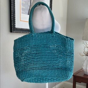 Btb Los Angeles Blue Paper Raffia Beach Tote 14x12